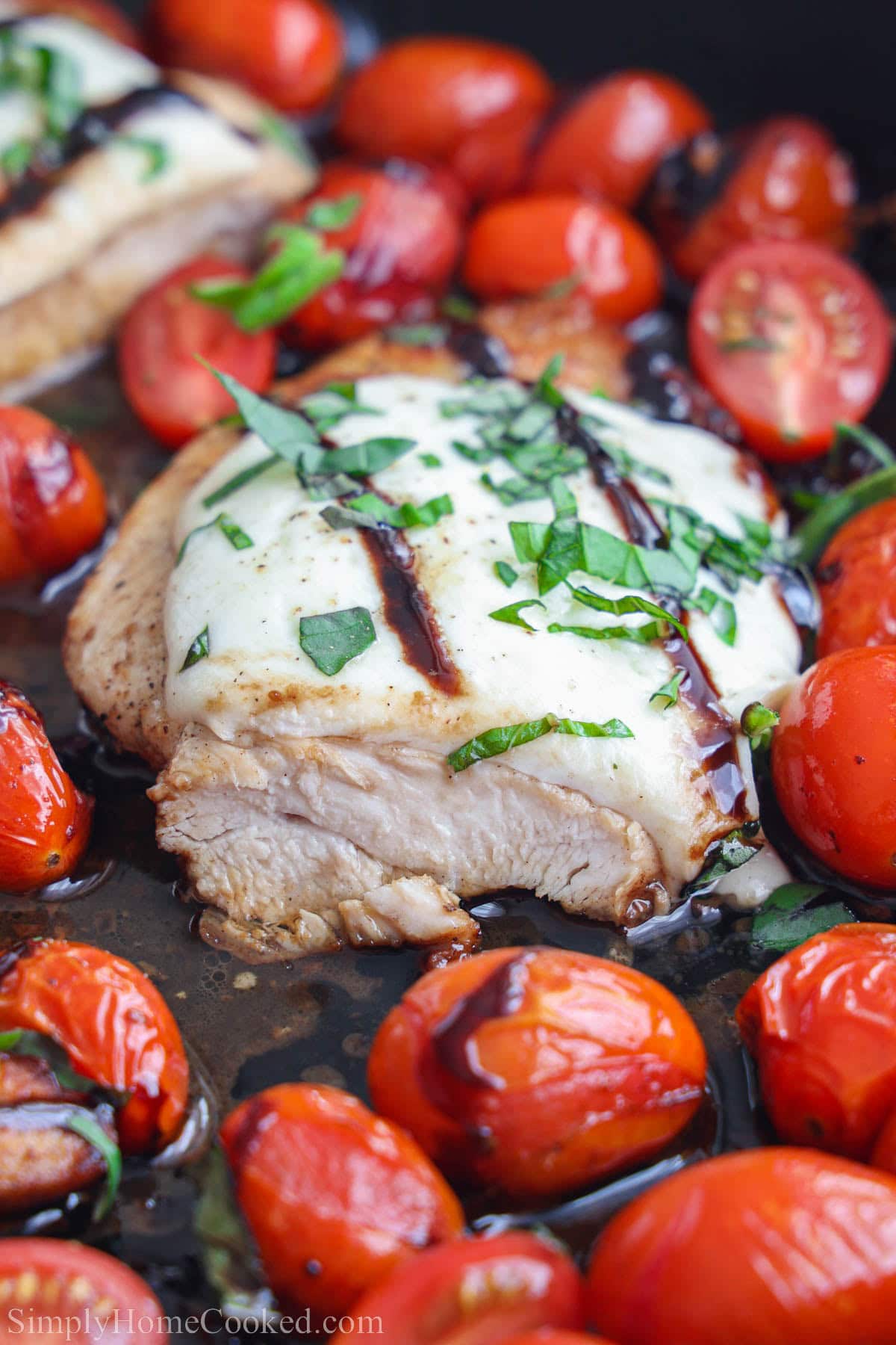 Closeup of one Chicken Caprese covered with cheese and balsamic.