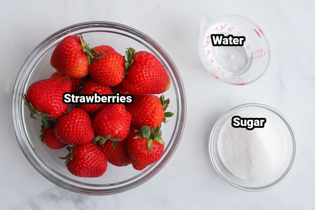 Ingredients for Strawberry Puree: strawberries, sugar, and water.