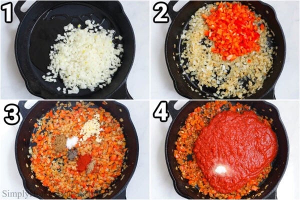 Steps to make Shakshuka, including sauteing onions, peppers, garlic, and spices in a cast iron skillet, stirring with a wooden spoon.