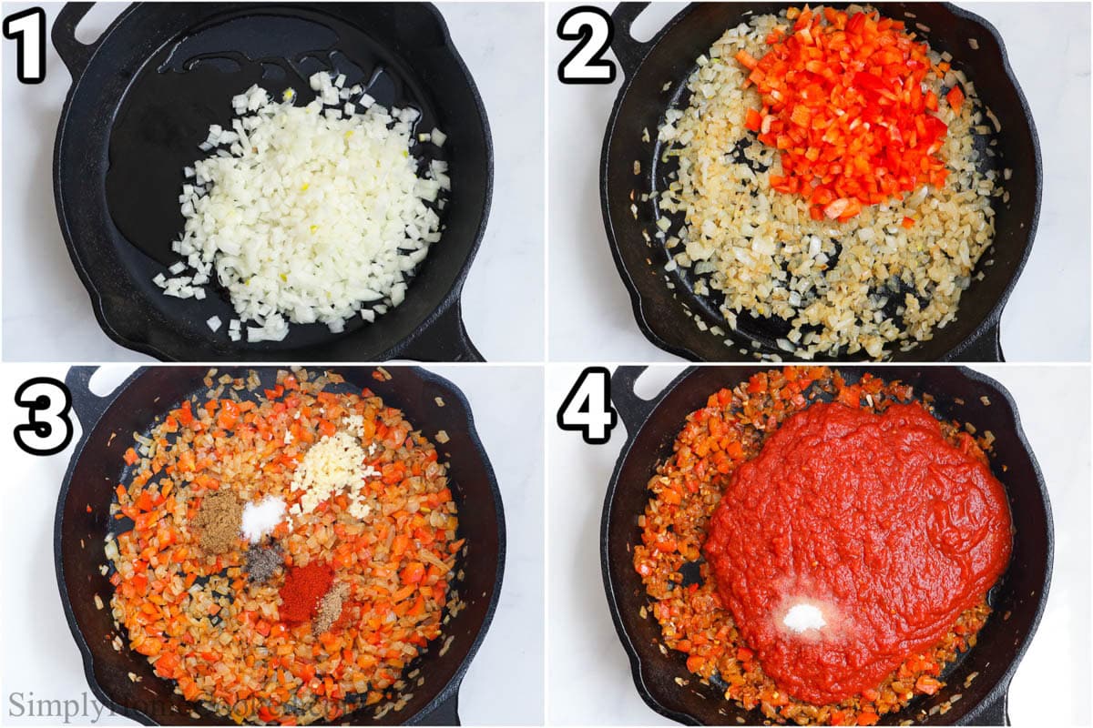 This delicious recipe for Shakshuka will make a great addition to your meal plan. Easy to make and delicious, it can be prepared for breakfast or dinner. #dinnerideas #mealplan #easyshakshukadish, #bestshakshukarecipe Steps to make Shakshuka, including sauteing onions, peppers, garlic, and spices in a cast iron skillet, stirring with a wooden spoon.