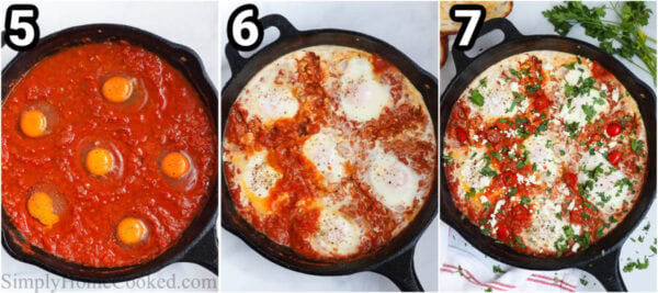 Steps to make Shakshuka, including adding the crushed tomatoes, salt, and pepper, making welts for the eggs, and then cooking them.