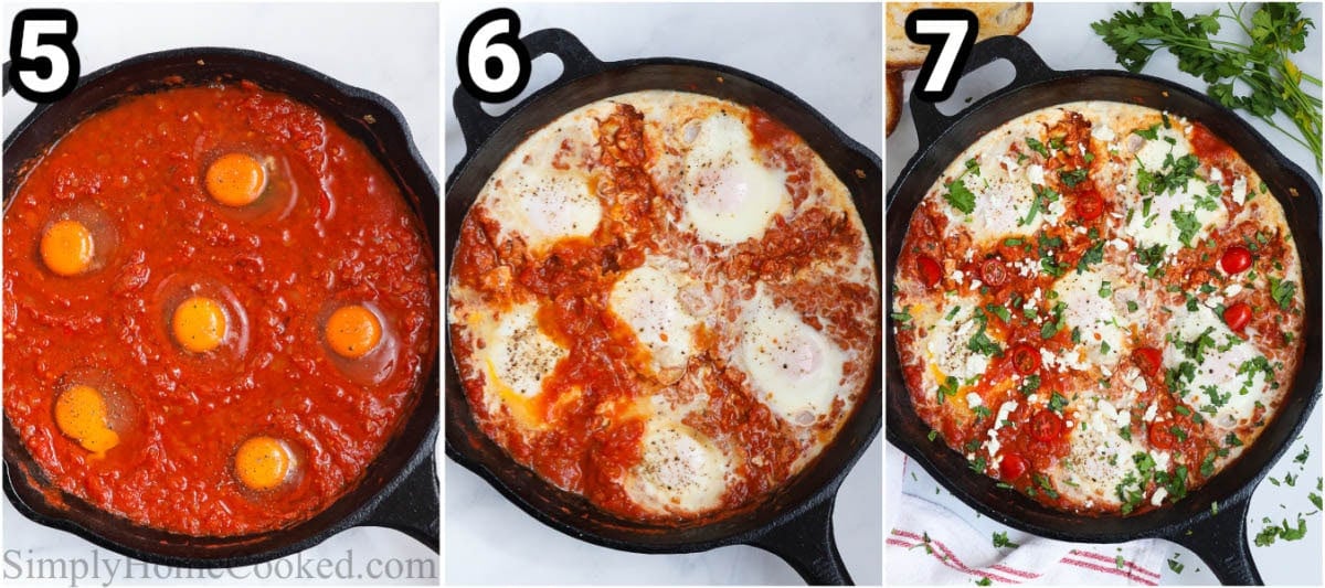 This easy Shakshuka recipe is perfectly spiced and tastes delicious. Try it with some pita bread for dinner or breakfast. #shakshukabreakfastrecipe #middleeasternbreakfast #easyshakshukadish #homemadeshakshuradish Steps to make Shakshuka, including adding the crushed tomatoes, salt, and pepper, making welts for the eggs, and then cooking them.