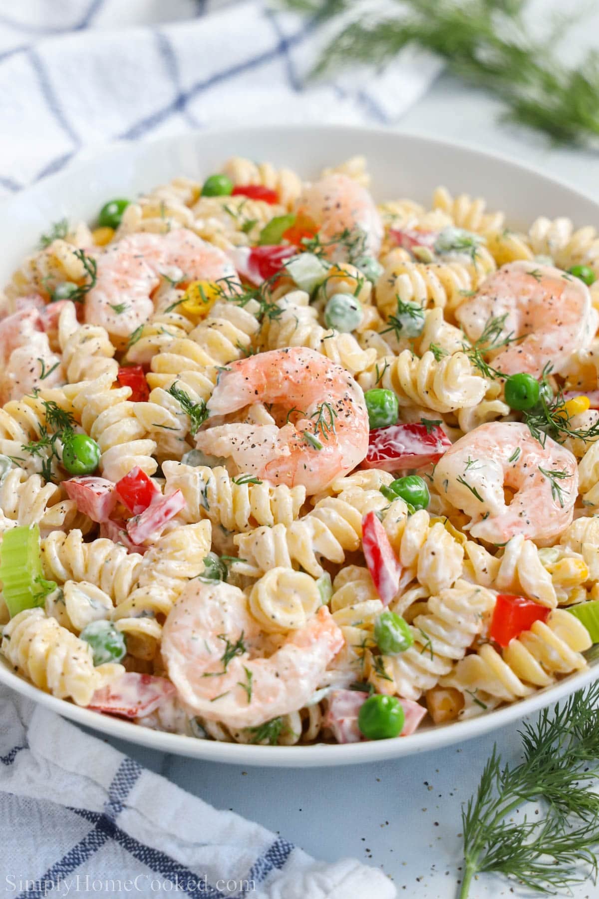 Close up of Shrimp Pasta Salad.