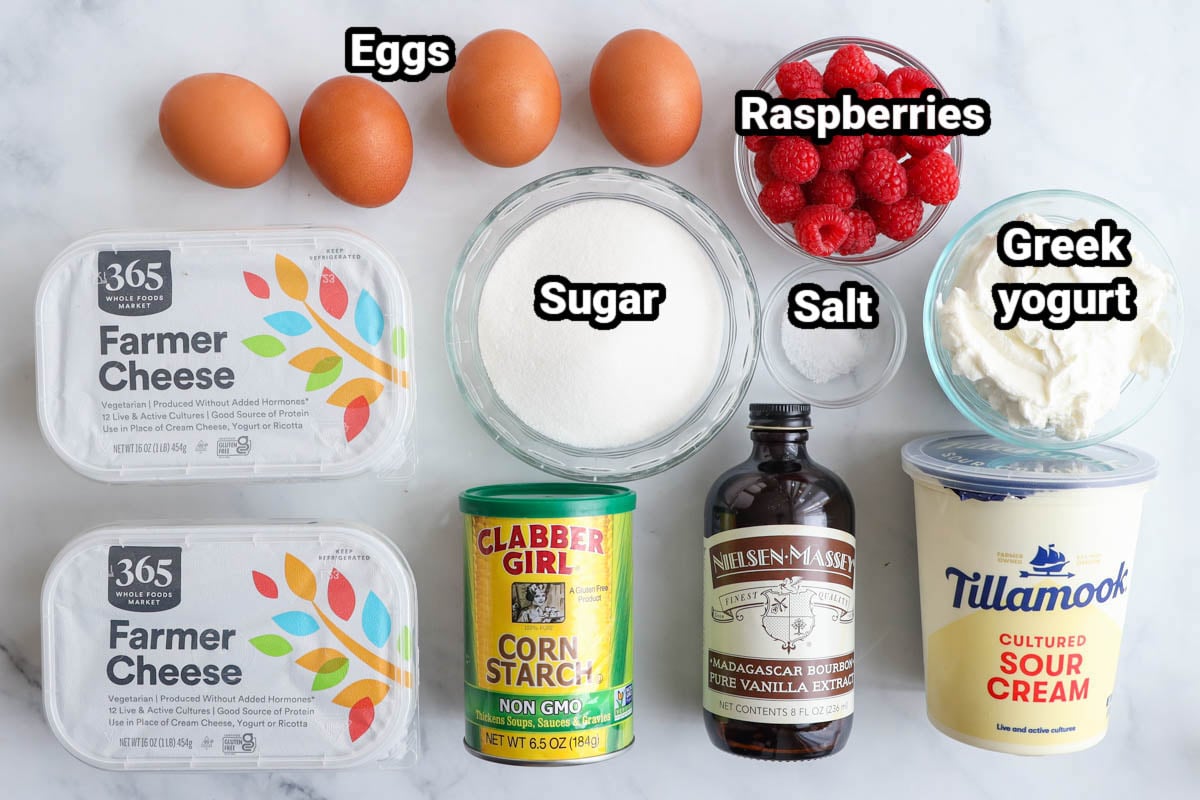 Ingredients for Zapekanka (Farmer's Cheese Cake): farmer's cheese, sugar, sour cream, Greek yogurt, raspberries, eggs, cornstarch, salt, and vanilla.