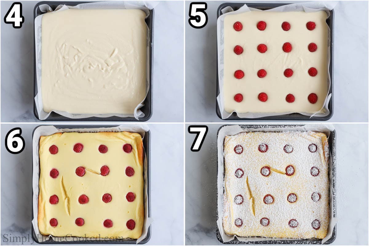 Steps to make Zapekanka (Farmer's Cheese Cake): pour the batter into a parchment paper-lined pan, top with raspberries, and bake, then top with powdered sugar when cool.