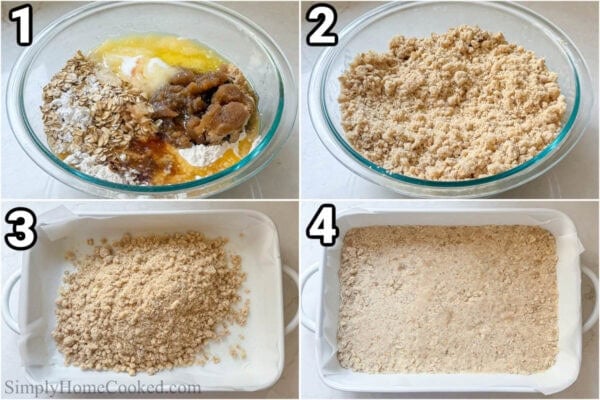 Steps to make Blueberry Crumb Bars: combine flour, butter, brown sugar, vanilla, salt, and egg yolk, then press the mixture down into the pan to form the crust.