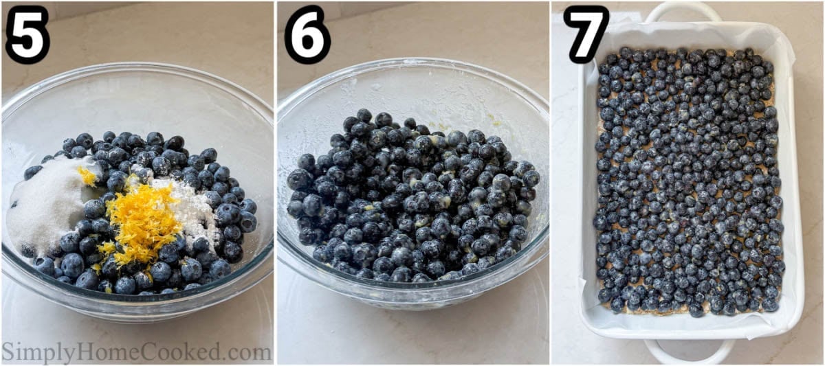 Steps to make Blueberry Crumb Bars: combine blueberries, brown sugar, flour, and lemon juice in a bowl and then layer over the crust dough.