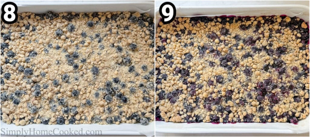 Steps to make Blueberry Crumb Bars: combine butter, flour, cornmeal, flaxseed, coconut flakes, vanilla, and brown sugar, top the berries with the crumbles, and bake.