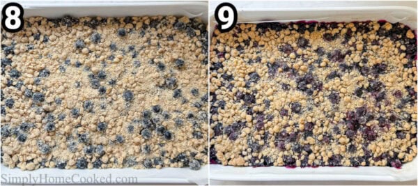 Steps to make Blueberry Crumb Bars: combine butter, flour, cornmeal, flaxseed, coconut flakes, vanilla, and brown sugar, top the berries with the crumbles, and bake.