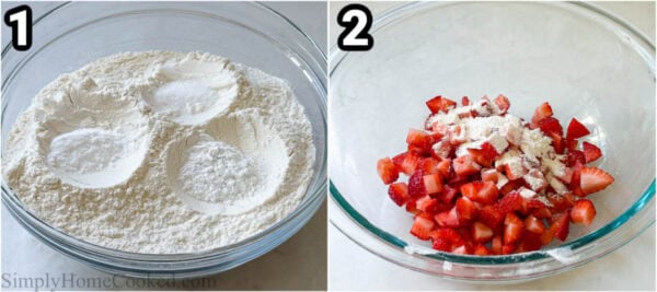 Steps to make Strawberry Muffins: mix the flour, baking powder, baking soda, and salt, then add some flour to the strawberries. #howtomakestrawberrymuffins #howtomakemuffins #homemademuffinrecipe #homemadestrawberrymuffinrecipe