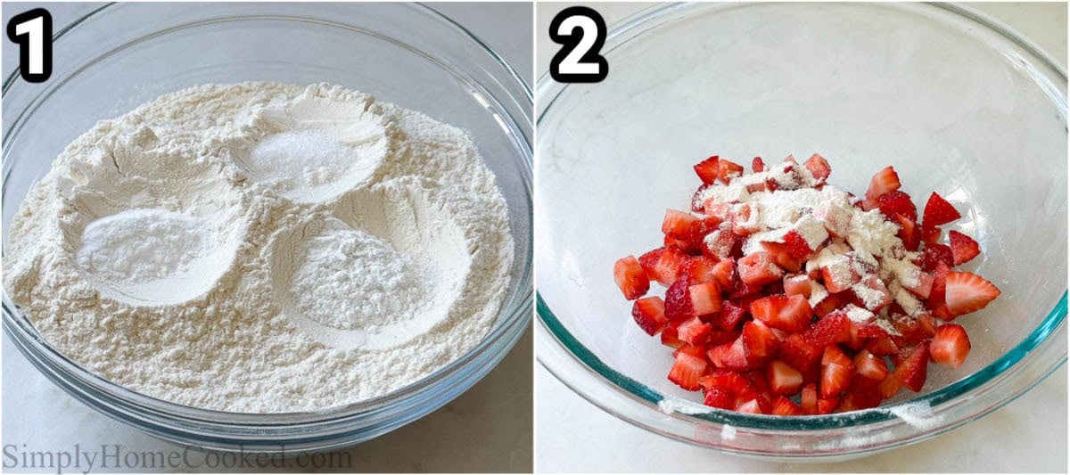 Steps to make Strawberry Muffins: mix the flour, baking powder, baking soda, and salt, then add some flour to the strawberries. #howtomakestrawberrymuffins #howtomakemuffins #homemademuffinrecipe #homemadestrawberrymuffinrecipe