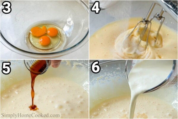 Steps to make Strawberry Muffins: whisk the eggs and then add the sugar slowly, and finally the vanilla and heavy cream.