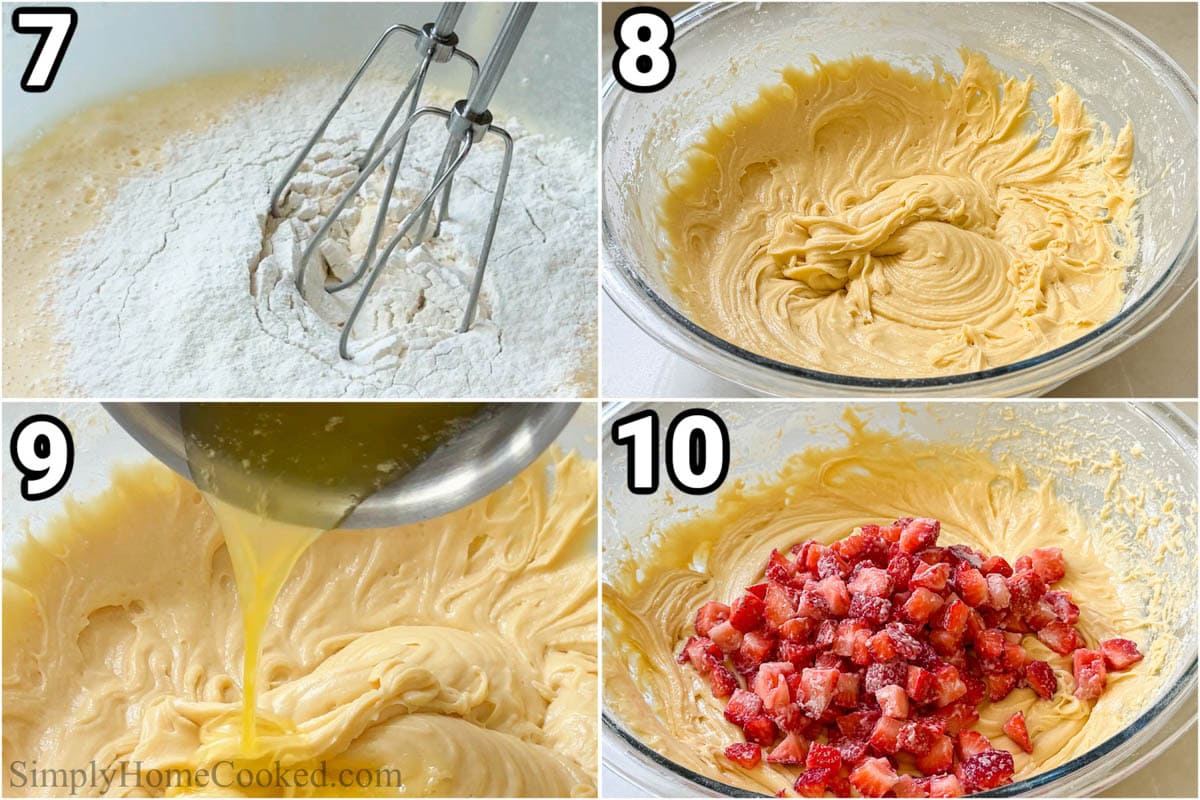 Steps to make Strawberry Muffins: add flour mixture to the wet ingredients before adding in the melted butter and strawberries.