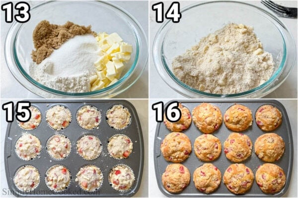 Steps to make Strawberry Muffins: combine the cold butter with brown sugar, sugar, and flour. Then mix with a fork and add to the tops of the muffins before baking.