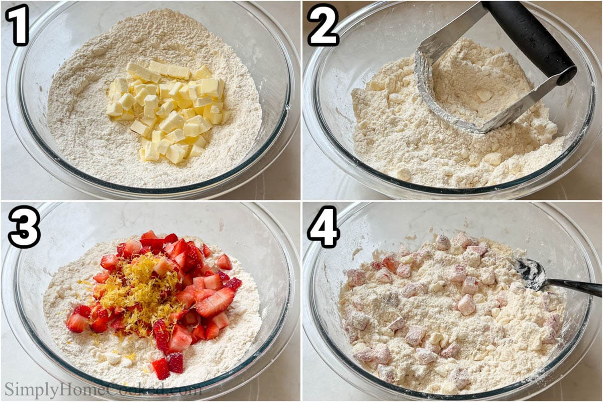 Steps to make Strawberry Scones: combine the flour, baking powder, sugar, and salt, then cut in the cubed butter with a pastry cutter, and finally add the strawberries and lemon zest.