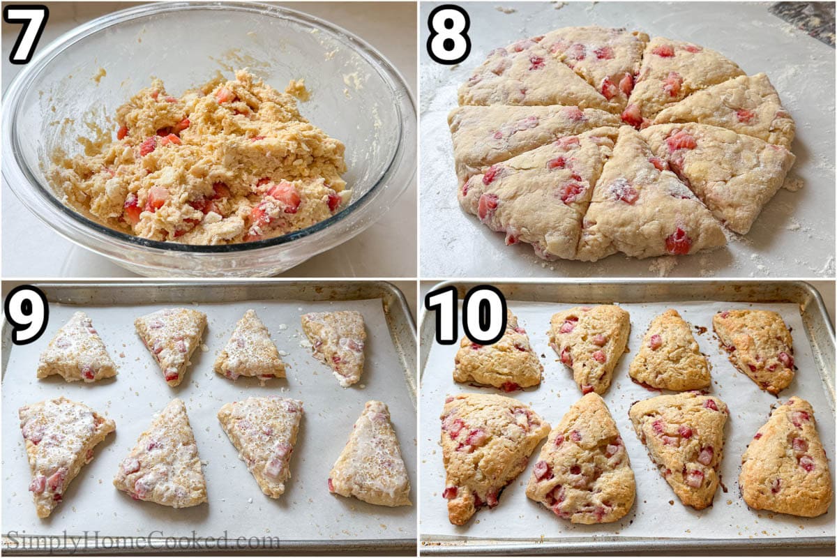 Steps to make Strawberry Scones: knead and separate the dough into 8 pieces, then place the wedges on a parchment lined baking sheet before brushing with heavy cream and sprinkling with coarse sugar.