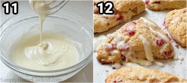 Steps to make Strawberry Scones: Make the icing with heavy cream and powdered sugar, then drizzle it on top of the cooled scones.