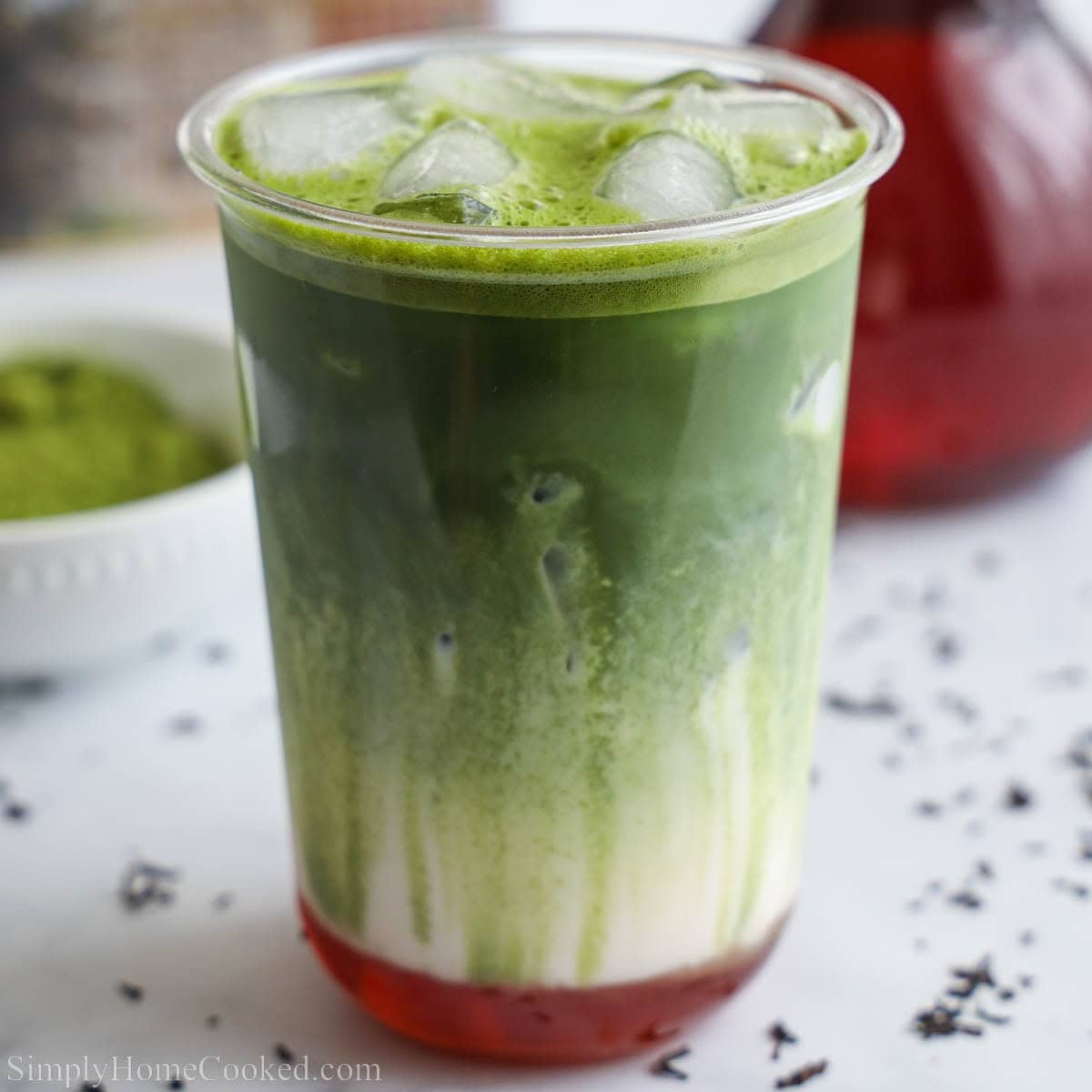 Cup of Earl Grey Matcha with Earl Grey Syrup, milk, matcha, and ice.