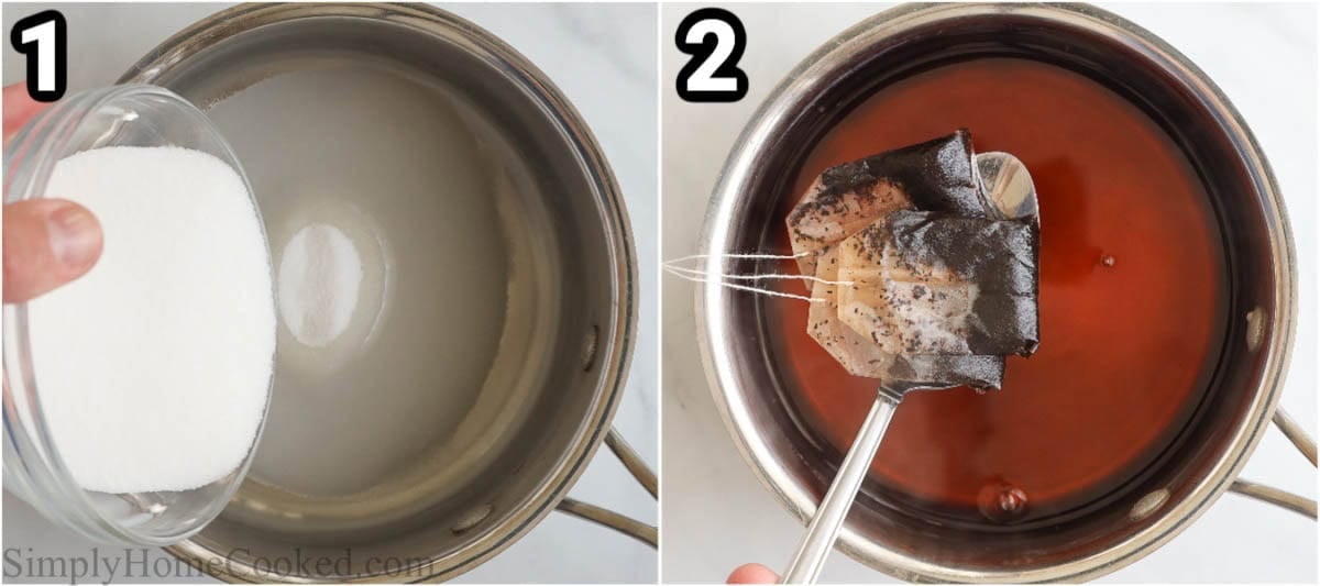 Steps to make Earl Grey Matcha: Make the earl grey syrup by dissolving sugar in boiling water, then steeping the tea bags in the simple syrup.