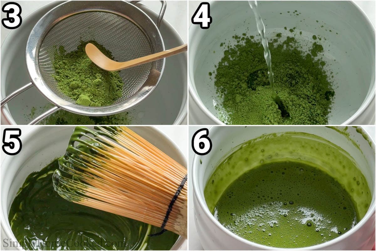 Steps to make Earl Grey Matcha: Sift the matcha through the strainer, add water, and then mix with a matcha whisk until dissolved.