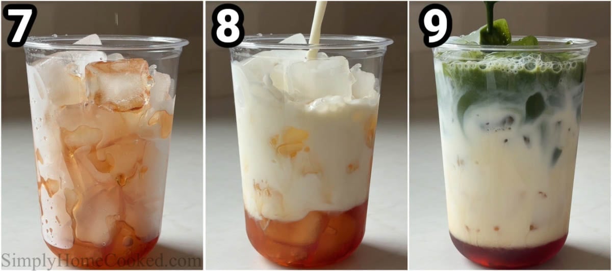 Steps to make Earl Grey Matcha: add ice to a cup and pour in the earl grey syrup, milk, and matcha.
