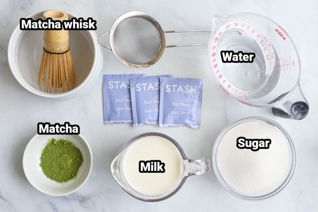 Ingredients fir Earl Grey Matcha: matcha, milk, water, earl grey tea, strainer, and matcha whisk.