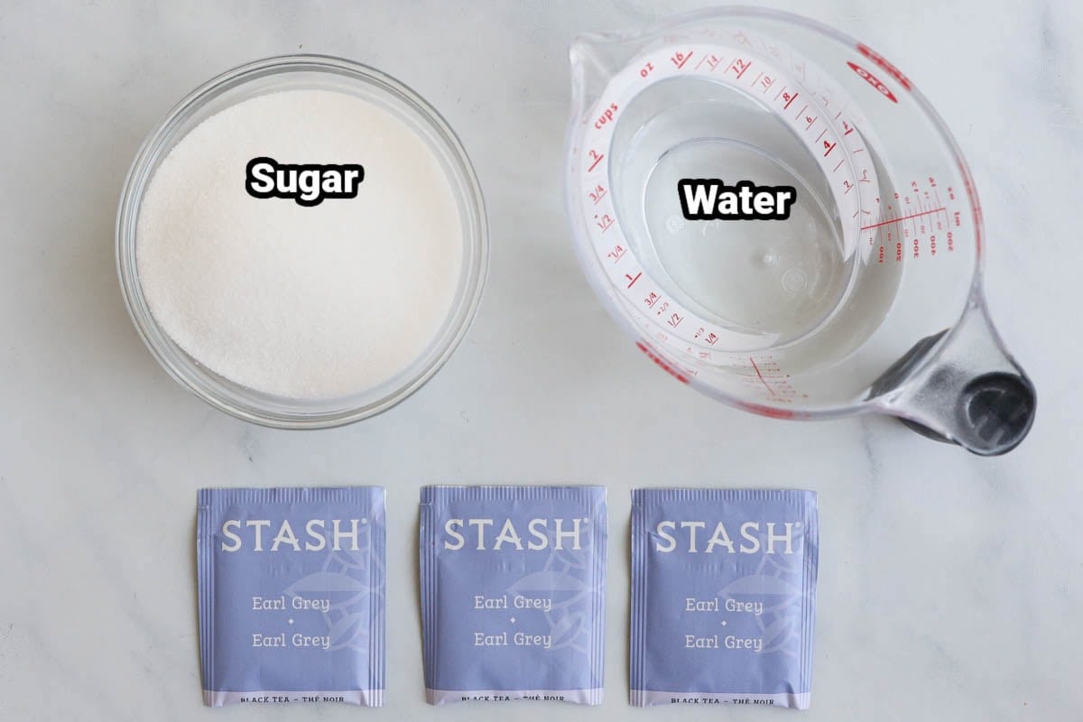 Ingredients for Earl Grey Syrup: sugar, water, and earl grey tea.