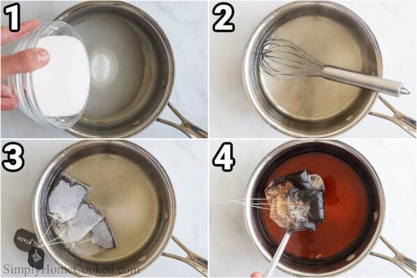 Steps to make Earl Grey Syrup: dissolve the sugar in boiling water, whisk, then steep the earl grey tea, remove the tea bags, and let cool.