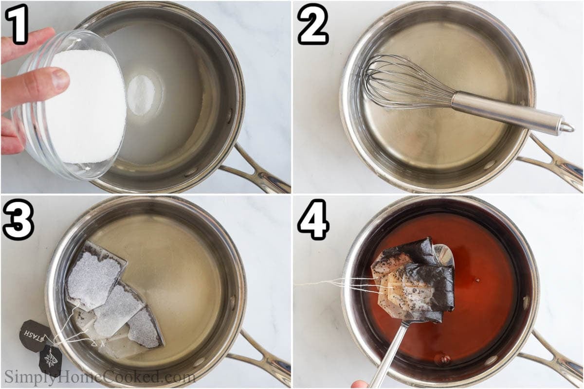 Steps to make Earl Grey Syrup: dissolve the sugar in boiling water, whisk, then steep the earl grey tea, remove the tea bags, and let cool.