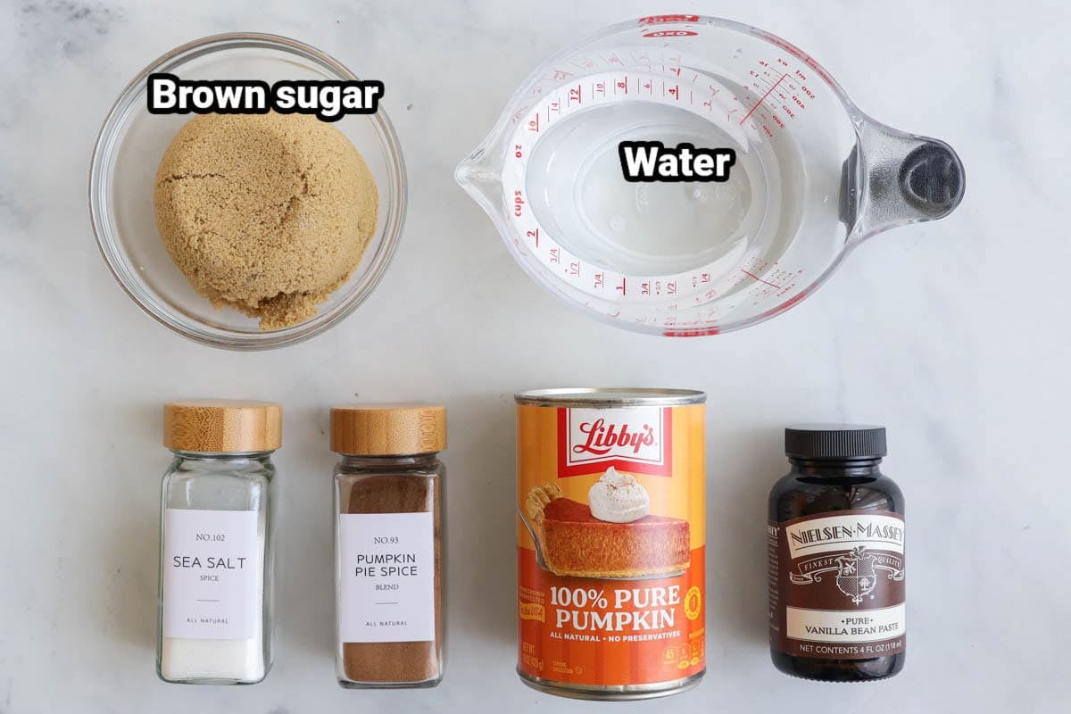 Ingredients for Pumpkin Spice Syrup: brown sugar, water, sea salt, pumpkin pie spice, pumpkin puree, and vanilla bean paste.
