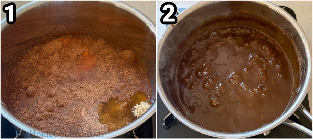 Steps to make Pumpkin Spice Syrup: combine pumpkin puree, pumpkin pie spice, salt, brown sugar, and water in a pan and simmer. Then add the vanilla and let cool.