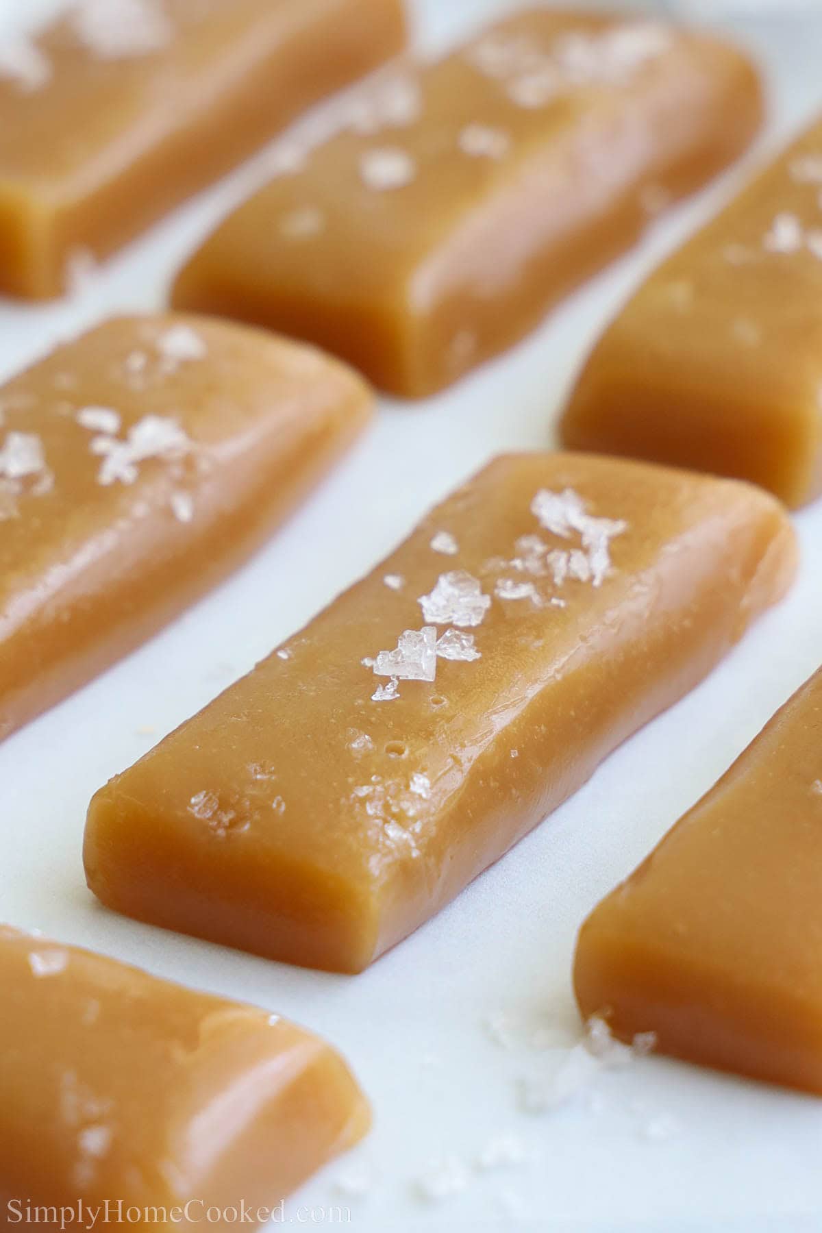 Tray of Soft Caramel Candy, cut into pieces and topped with sea salt.