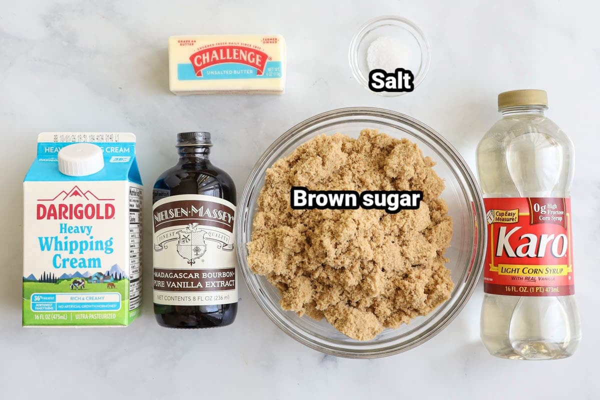 Ingredients for Soft Caramel Candy: heavy cream, vanilla extract, butter, salt, brown sugar, and corn syrup. #caramelcandyingredients #softcaramelcandyingredients #easycaramelrecipe #easycaramelcandyrecipe