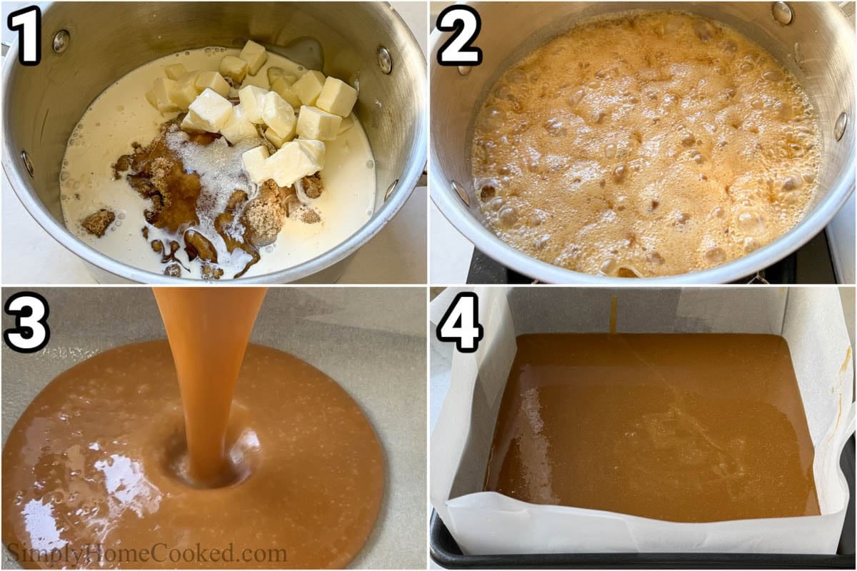 Steps to make Soft Caramel Candy: combine the butter, brown sugar, corn syrup, heavy cream, and salt in a pan, simmer and then lightly boil, before pouring into a parchment paper lined pan. #howtomakesoftcaramelcandy #howtomakecaramelcandies #easysoftcaramelcandy #homemadecaramel