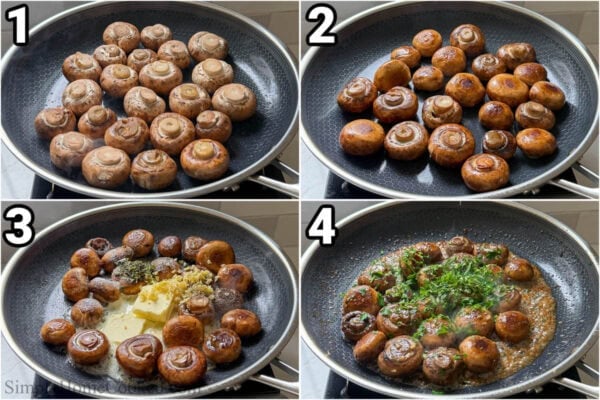 Steps to make Garlic Butter Mushrooms: cook the mushrooms until browned, add the butter, garlic, thyme, salt, and pepper, and cook a little more before adding the wine and simmering.