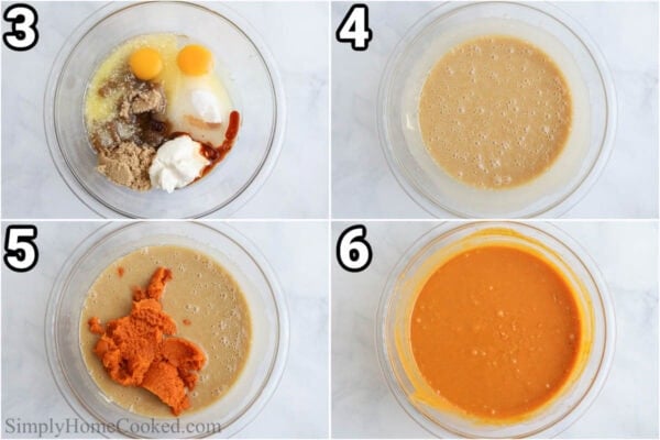 Steps to make Pumpkin Muffins: combine the sugars, butter, olive oil, eggs, sour cream, and vanilla with a whisk, then mix in the pumpkin puree and combine the dry and wet ingredients into a batter.