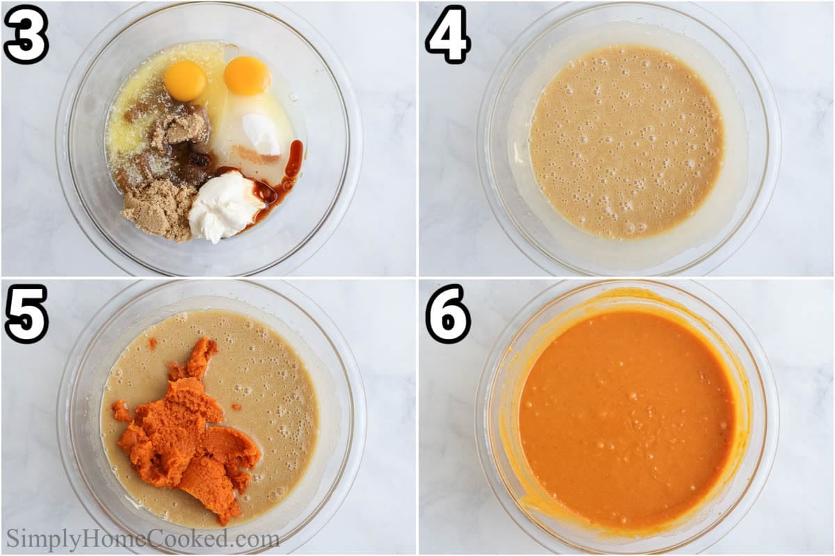 Steps to make Pumpkin Muffins: combine the sugars, butter, olive oil, eggs, sour cream, and vanilla with a whisk, then mix in the pumpkin puree and combine the dry and wet ingredients into a batter.