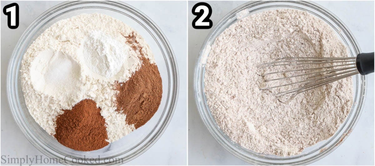 Steps to make Pumpkin Muffins: combine the flour, pumpkin pie spice, cinnamon, baking powder, and salt with a whisk.