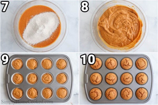 Steps to make Pumpkin Muffins: mix the batter then pour it into the muffin tins and bake.