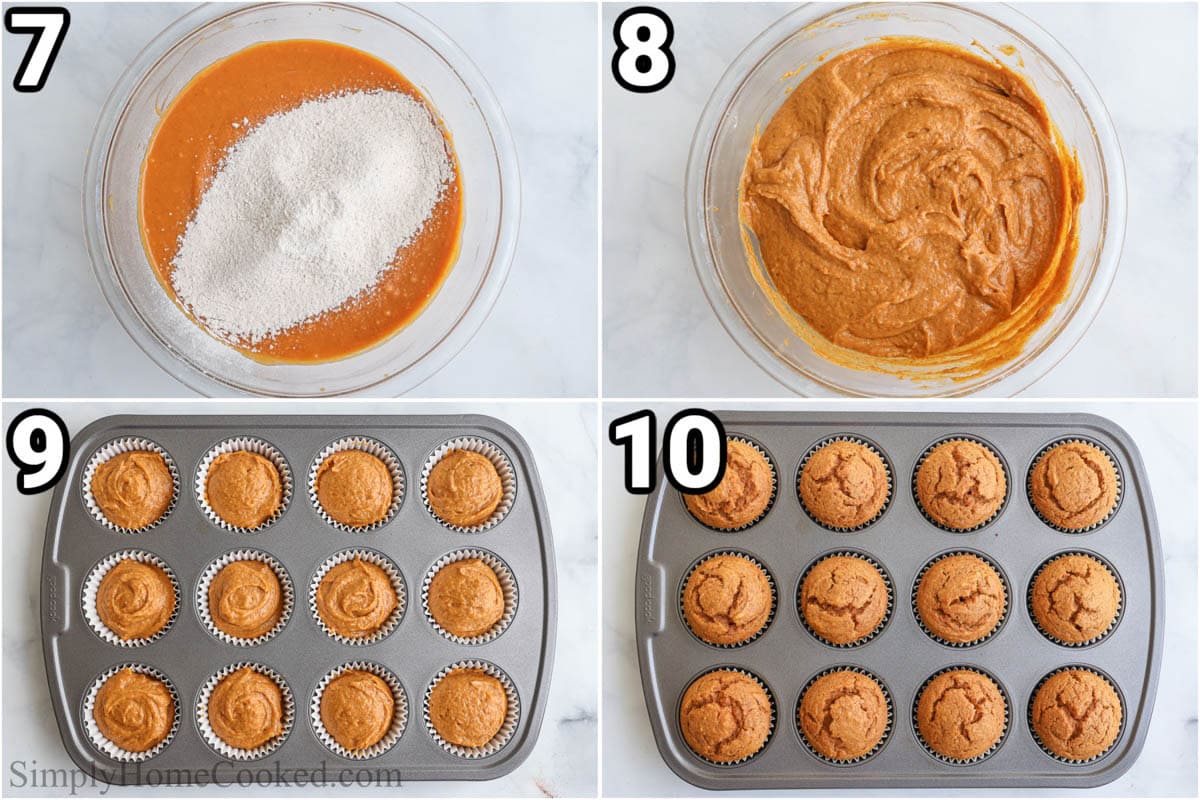 Steps to make Pumpkin Muffins: mix the batter then pour it into the muffin tins and bake.